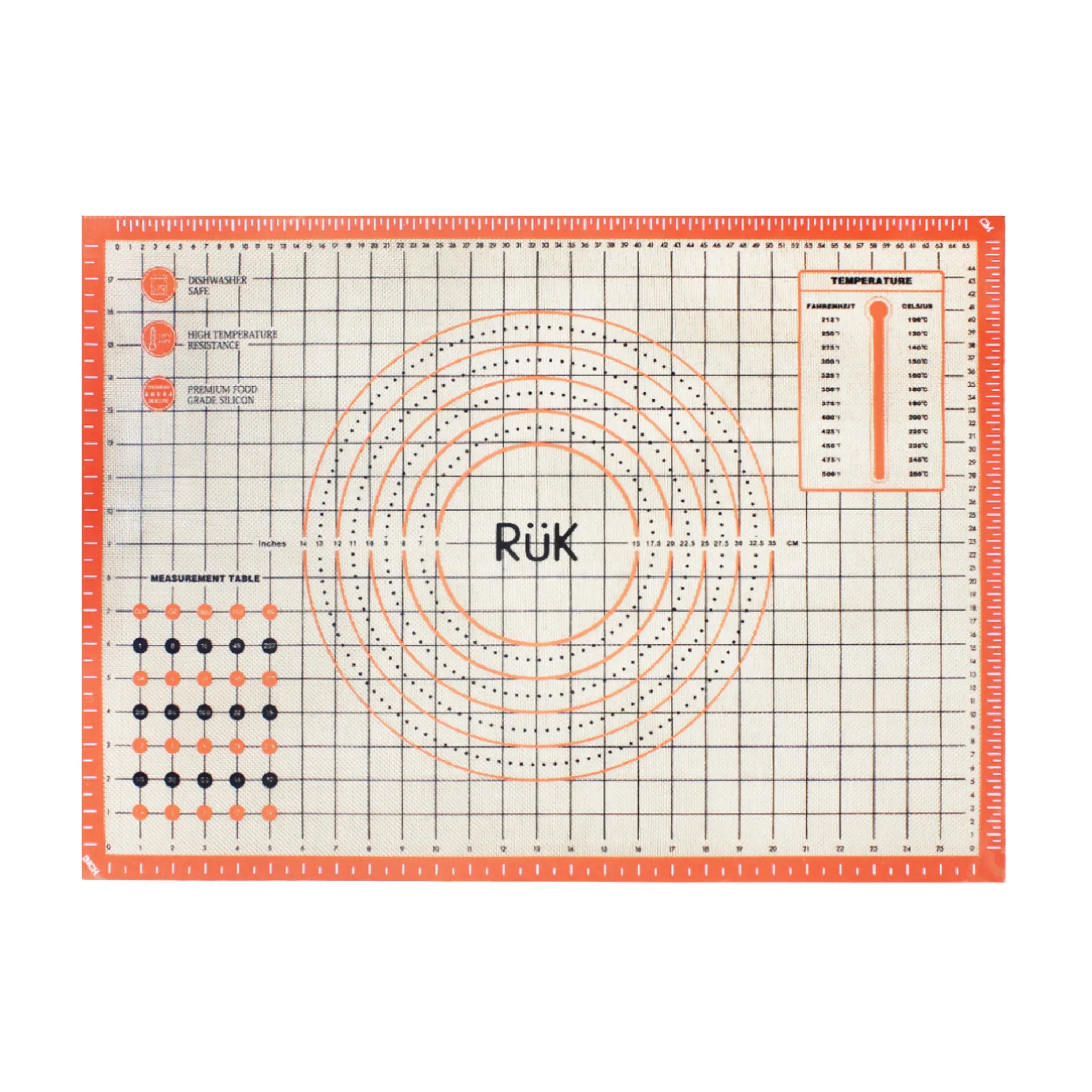 Extra-large non-slip silicone pastry mat with circular and linear measurements for rolling dough.