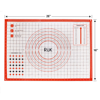 Extra-large non-slip silicone pastry mat with circular and linear measurements for rolling dough.