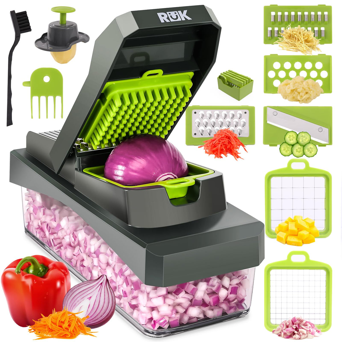 RüK 10 in 1 Vegetable Chopper,  Mandoline Slicer & Cheese Grater with Container