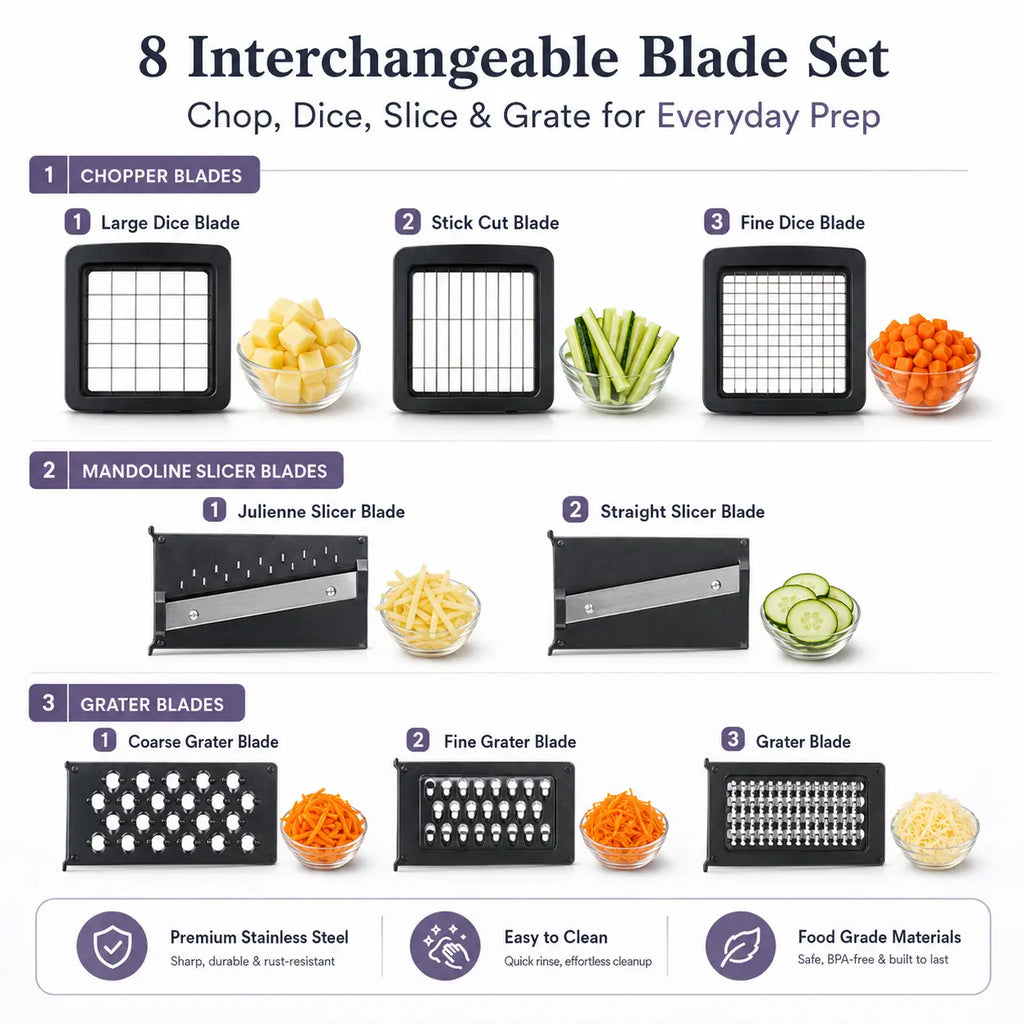8 interchangeable blade set for chopping, slicing, grating and shredding vegetables