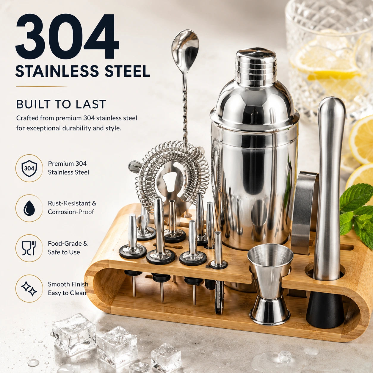 Complete 17-in-1 RüK cocktail shaker set arranged neatly on bamboo stand, including shaker, jigger, muddler, tongs, bar spoon, strainer, pourers, fruit picks, and corkscrew.