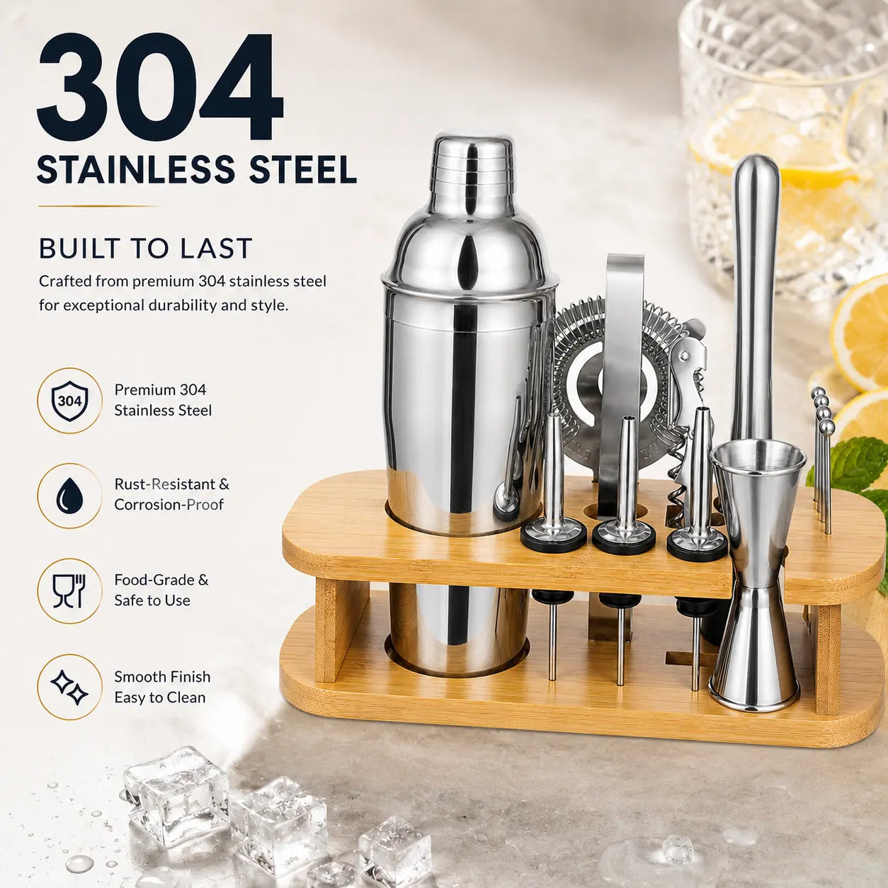 Complete 17-in-1 RüK cocktail shaker set arranged neatly on bamboo stand, including shaker, jigger, muddler, tongs, bar spoon, strainer, pourers, fruit picks, and corkscrew.