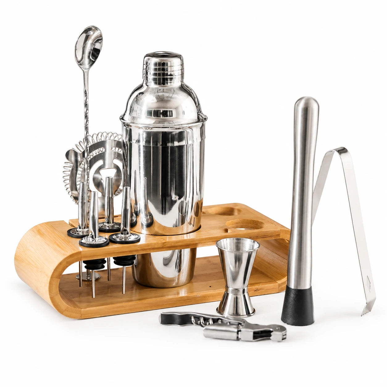 17-piece RüK stainless steel cocktail shaker set with bamboo stand, including shaker, jigger, muddler, bar spoon, strainer, pourers, fruit picks, and corkscrew, displayed on white background with realistic shadows, professional studio lighting.