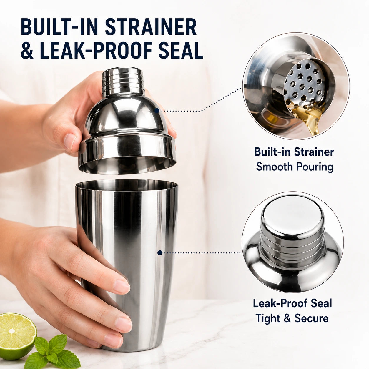 Hand holding the RüK stainless steel cocktail shaker, highlighting the built-in strainer and leak-proof seal, with additional jigger and muddler visible.
