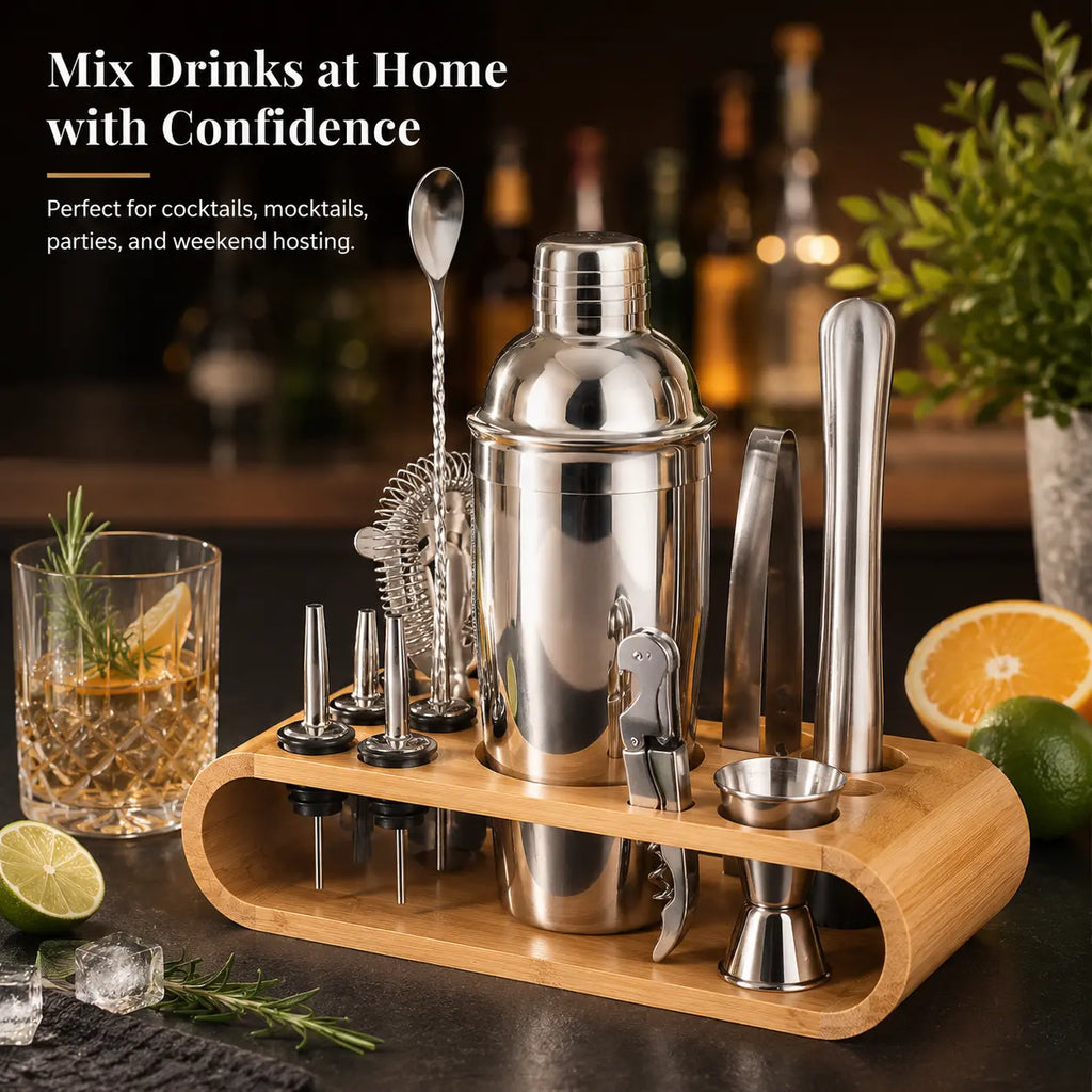Freshly prepared cocktail in glass on bar counter with the 17-in-1 RüK cocktail shaker set in the background, creating a home bar lifestyle scene.