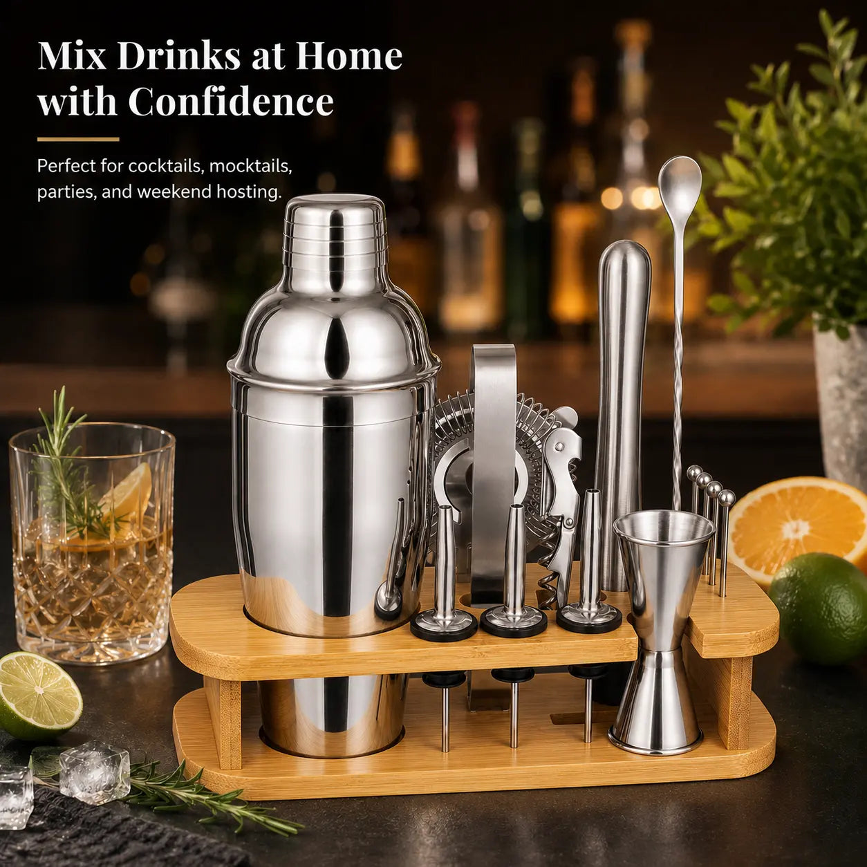 Freshly prepared cocktail in glass on bar counter with the 17-in-1 RüK cocktail shaker set in the background, creating a home bar lifestyle scene.