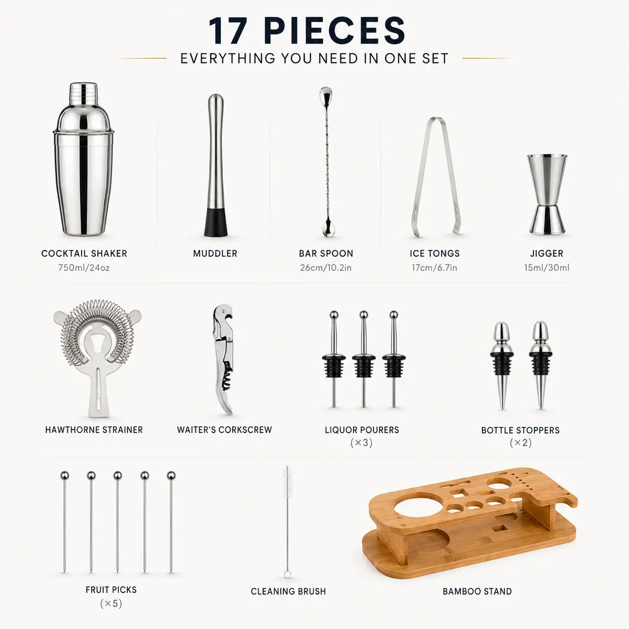 17-piece RüK cocktail shaker set infographic showing shaker, muddler, bar spoon, jigger, strainer, pourers, fruit picks, cleaning brush, and bamboo stand