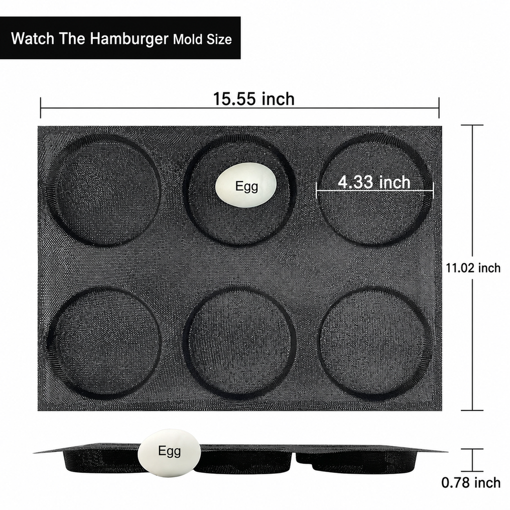 Silicone hamburger bun pan size chart showing 15.55 inch length and 4.33 inch cavity diameter