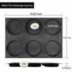 Silicone hamburger bun pan size chart showing 15.55 inch length and 4.33 inch cavity diameter