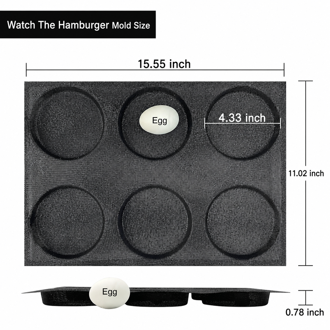 Silicone hamburger bun pan size chart showing 15.55 inch length and 4.33 inch cavity diameter