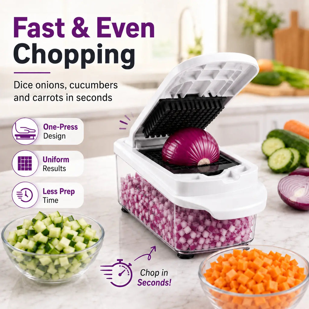 Fast and even vegetable chopper for onions, carrots, cucumbers and meal prep