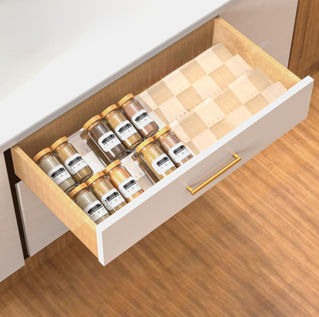 2 tier acrylic spice drawer organizer for neatly storing seasoning jars in a kitchen drawer