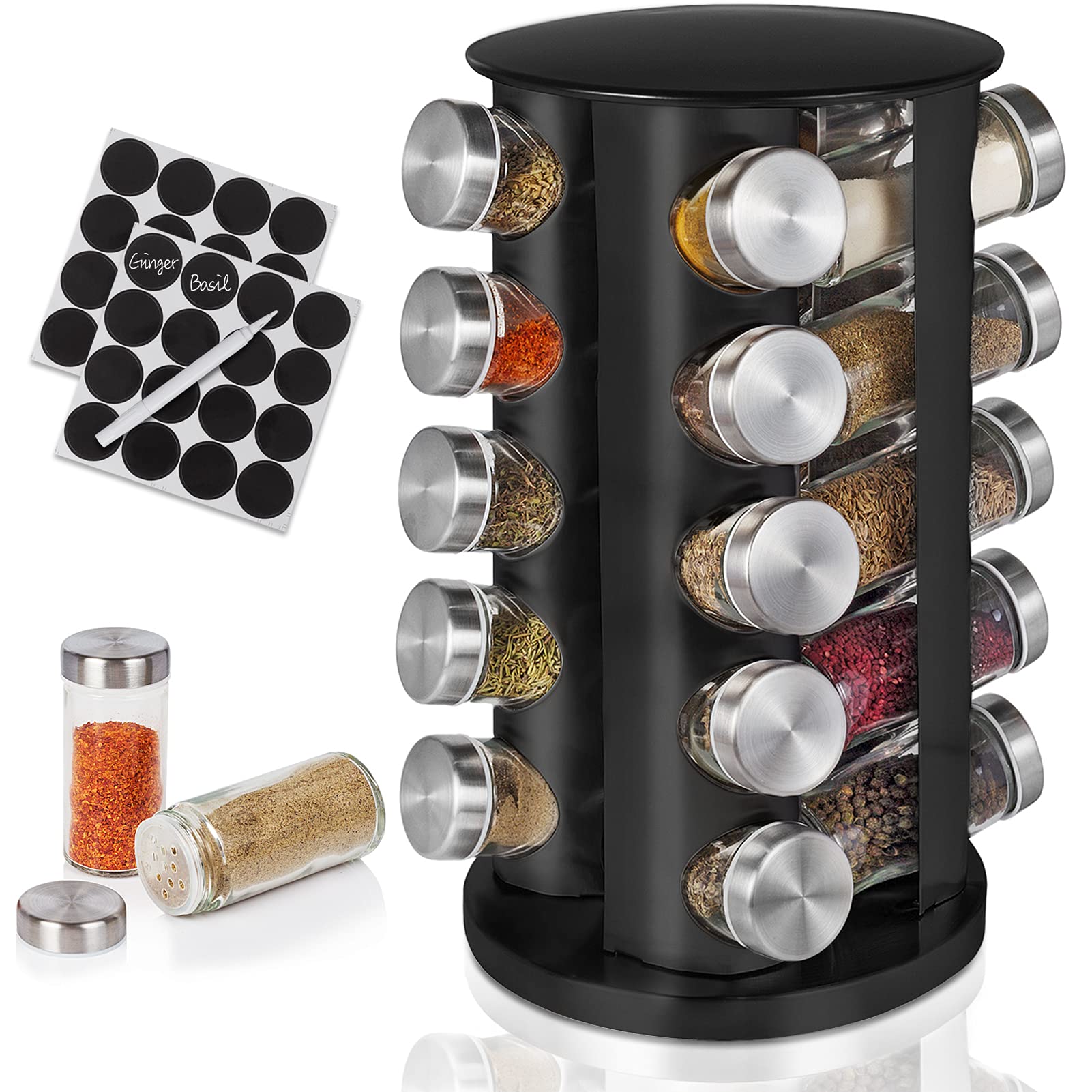 20 jar rotating spice rack with glass jars, black carousel stand, labels, and marker pen