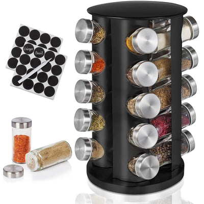 20 jar rotating spice rack with glass jars, black carousel stand, labels, and marker pen