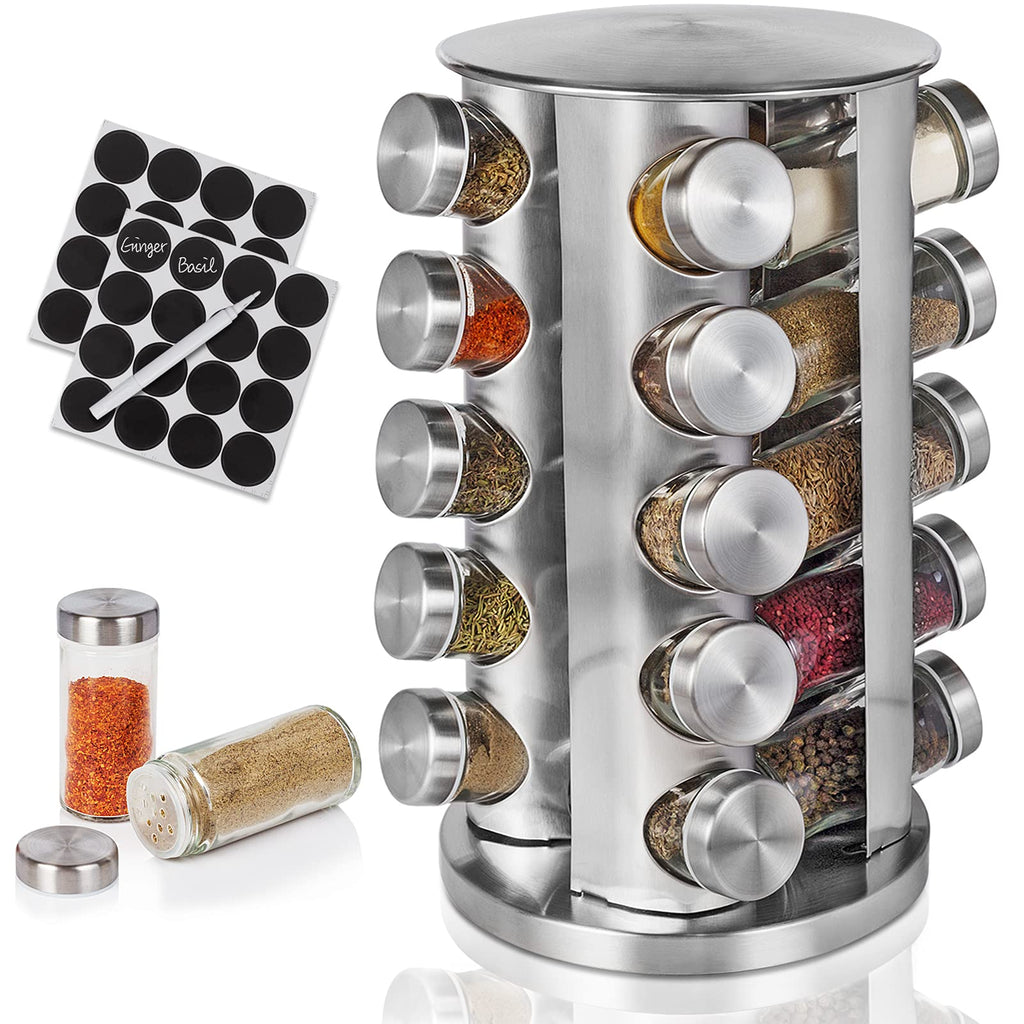 Silver rotating spice rack organizer with 20 glass jars, reusable labels, and white marker pen