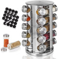 Silver rotating spice rack organizer with 20 glass jars, reusable labels, and white marker pen