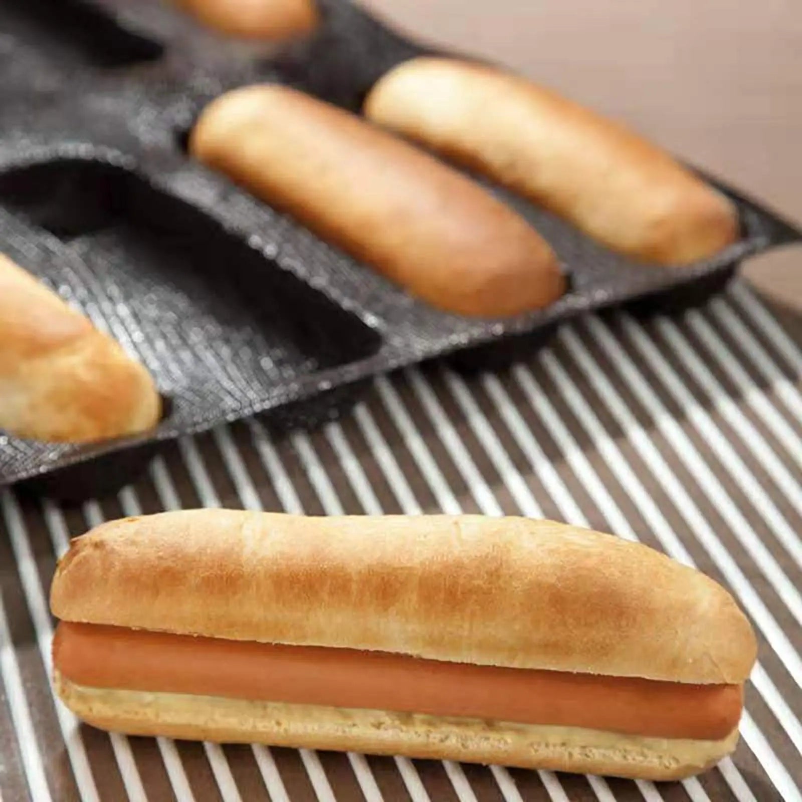 Silicone hot dog bun pan baking evenly shaped buns for homemade sandwiches and rolls