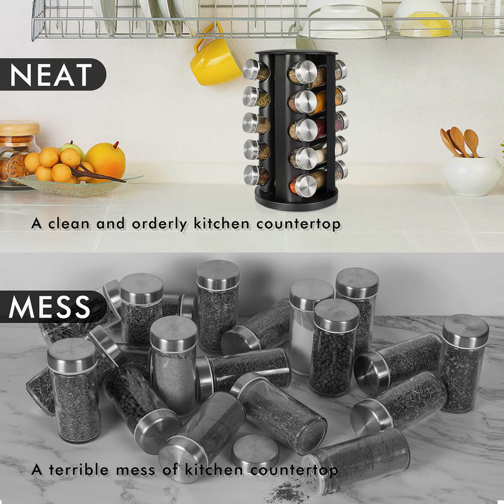 Before and after kitchen counter comparison showing rotating spice rack reducing clutter