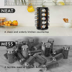 Before and after kitchen counter comparison showing rotating spice rack reducing clutter