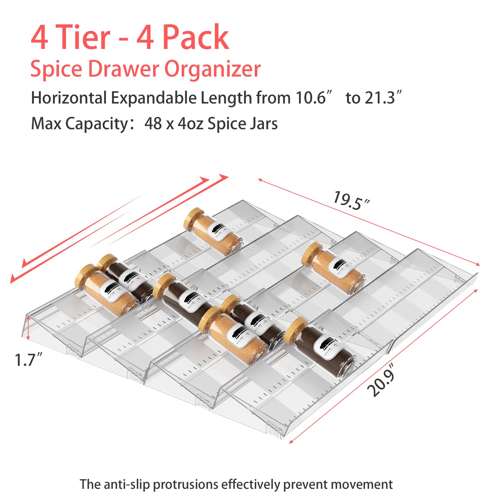 4 tier 4 pack spice drawer organizer with expandable acrylic trays for kitchen spice storage