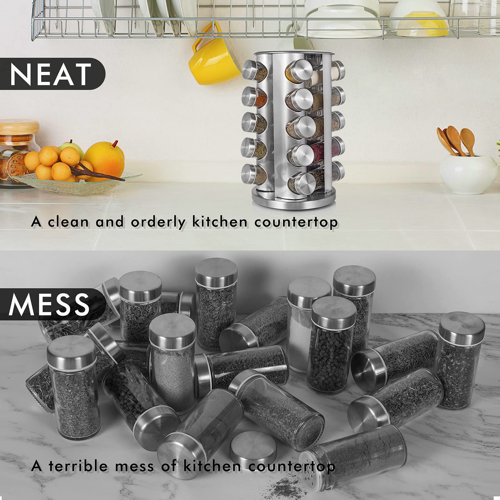 Before and after kitchen countertop comparison showing spice rack organizer reducing clutter