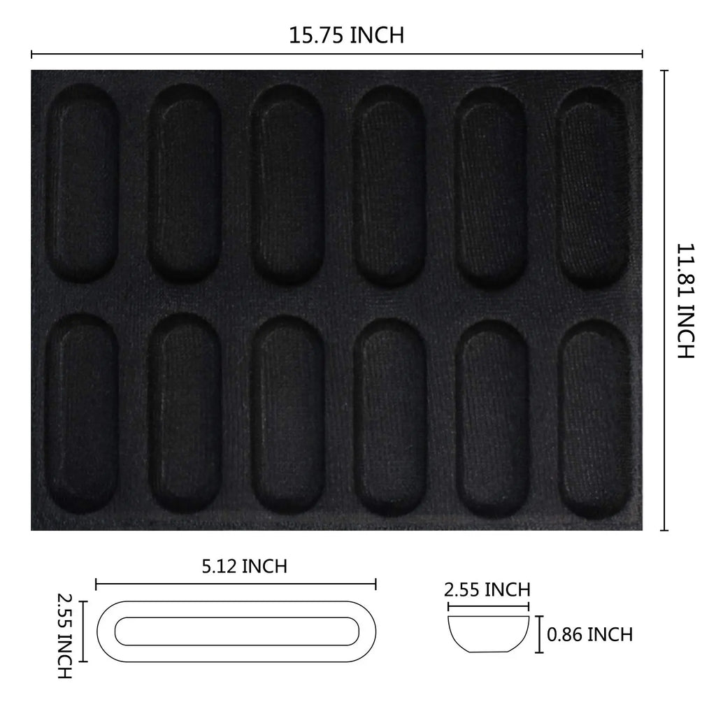 12 compartment silicone bread mold size chart with 15.75 inch length and 11.81 inch width