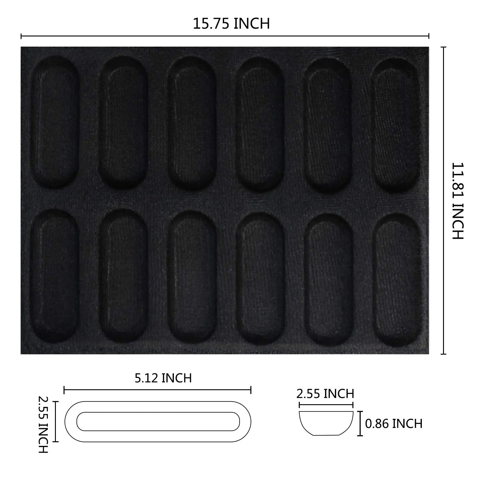 12 compartment silicone bread mold size chart with 15.75 inch length and 11.81 inch width