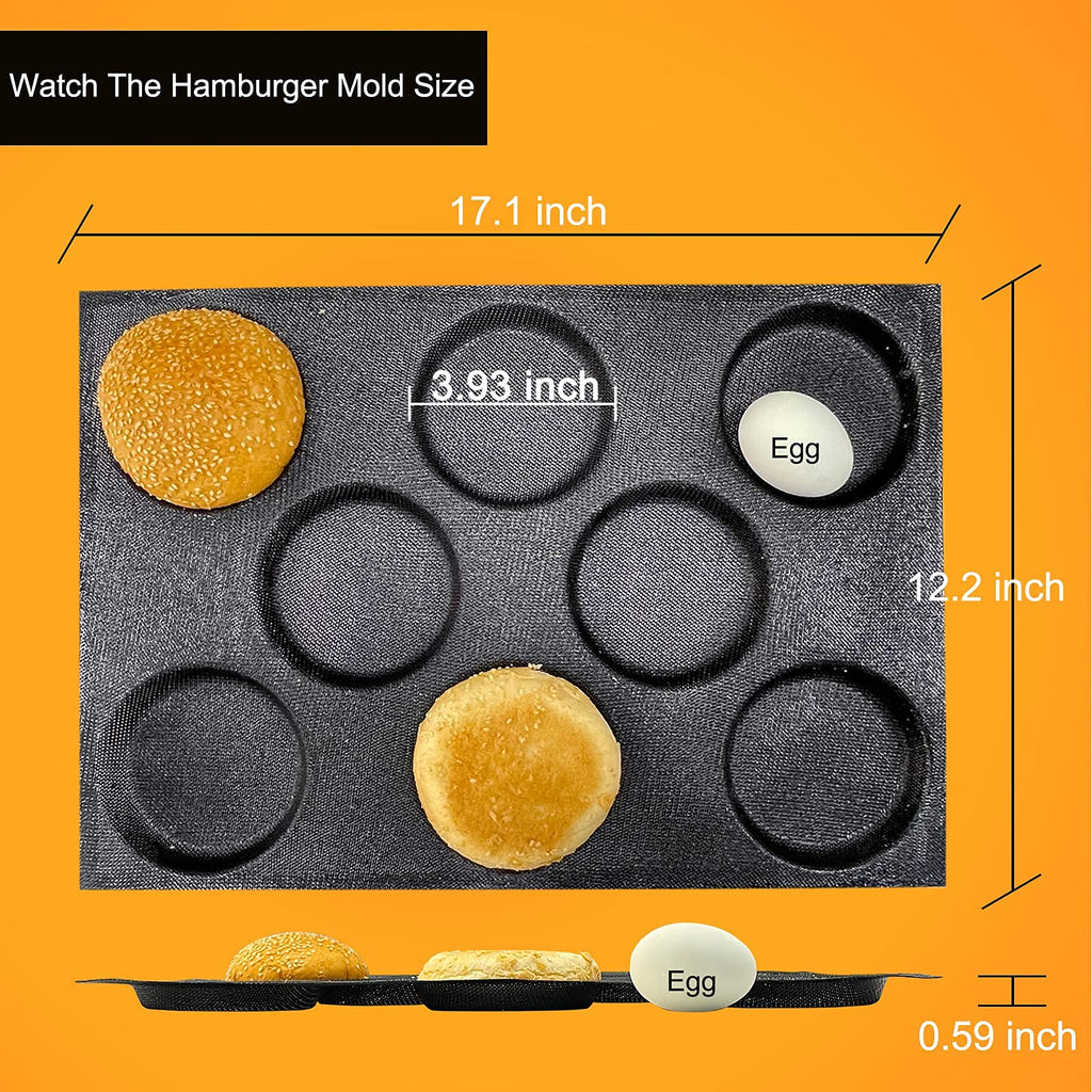 8 cavity silicone hamburger bun pan size chart with 17.1 inch length and 3.93 inch cavities