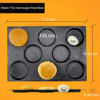 8 cavity silicone hamburger bun pan size chart with 17.1 inch length and 3.93 inch cavities