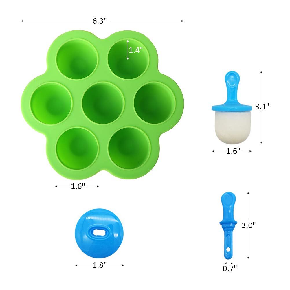 Green 7-cavity silicone popsicle mold with removable colorful ice pop sticks