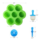 Green 7-cavity silicone popsicle mold with removable colorful ice pop sticks