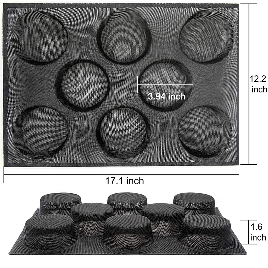 8 cavity silicone hamburger bun pan size chart with 17.1 inch length and 3.94 inch cavities