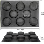 8 cavity silicone hamburger bun pan size chart with 17.1 inch length and 3.94 inch cavities