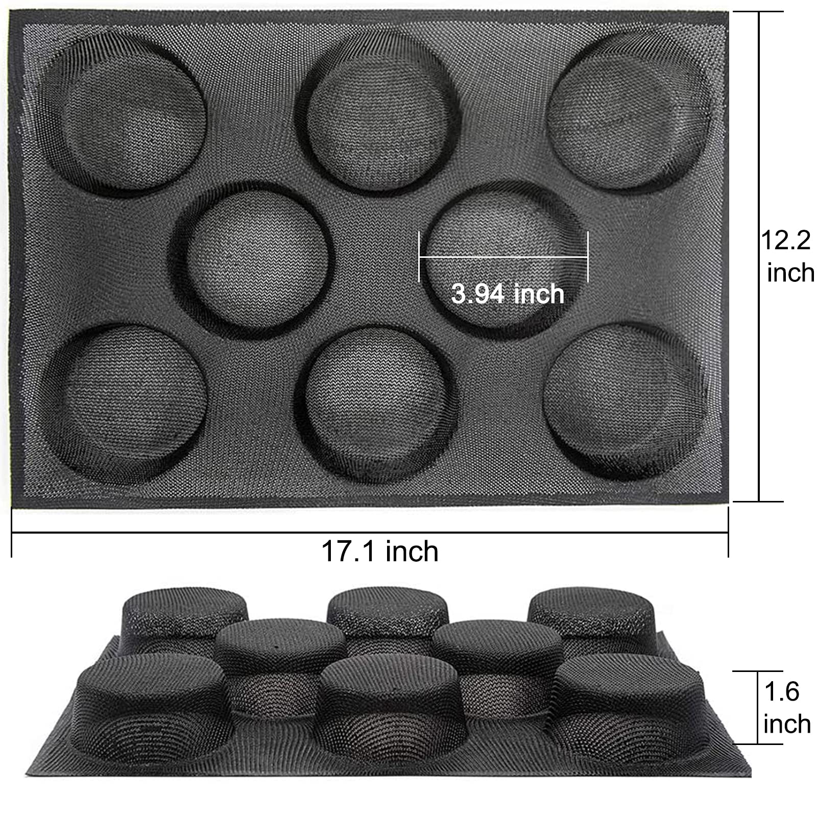 8 cavity silicone hamburger bun pan size chart with 17.1 inch length and 3.94 inch cavities