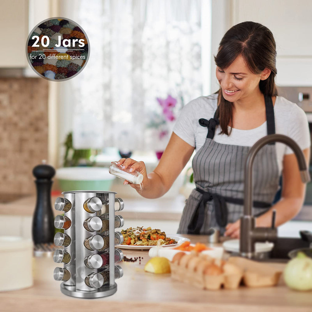 20 jar silver spice rack organizer on kitchen counter for easy seasoning access while cooking