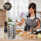 20 jar silver spice rack organizer on kitchen counter for easy seasoning access while cooking