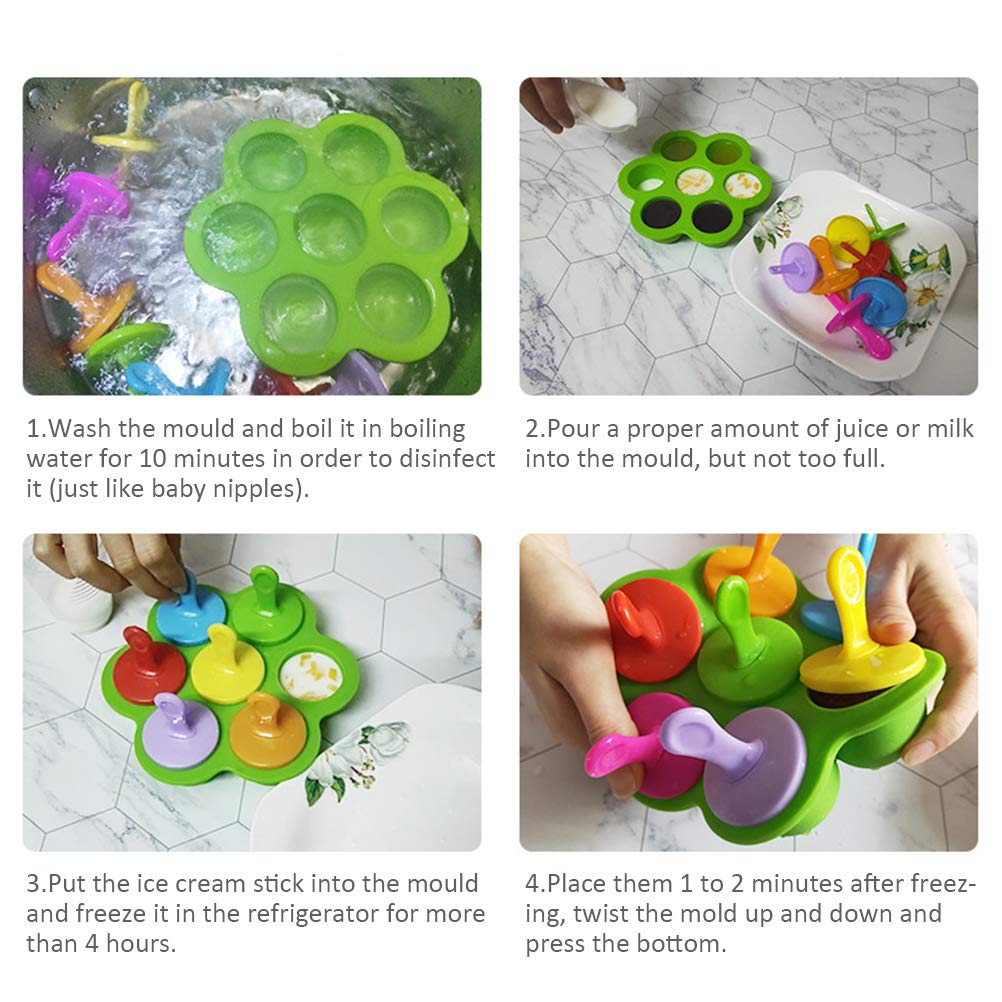 Silicone mini popsicle mold showing steps for making frozen fruit pops at home