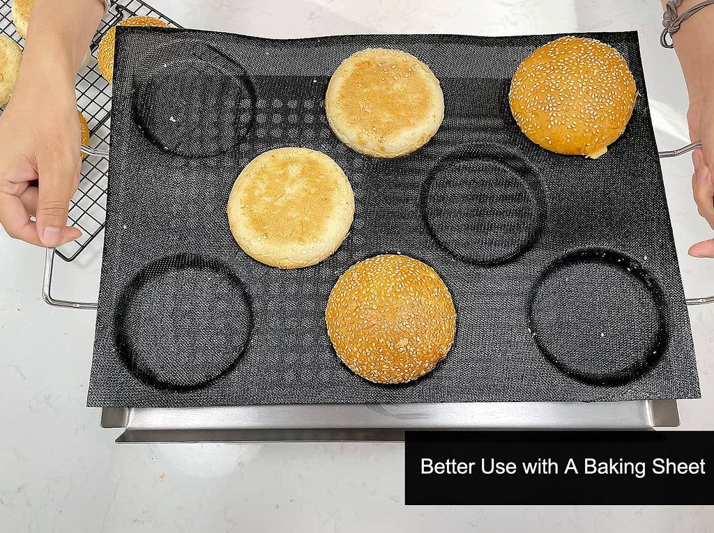 Round sesame burger buns baked in perforated silicone bun pan for even shape and texture