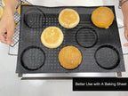 Round sesame burger buns baked in perforated silicone bun pan for even shape and texture