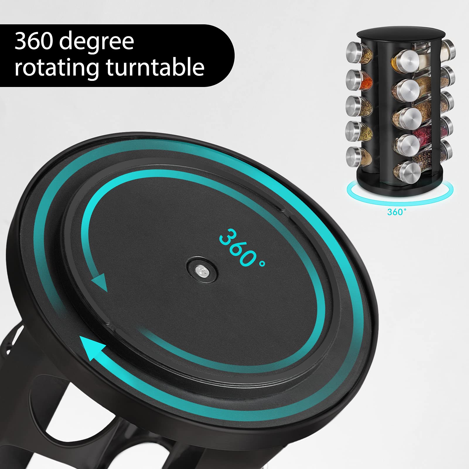 360 degree rotating spice carousel with 20 glass jars for easy access to seasonings