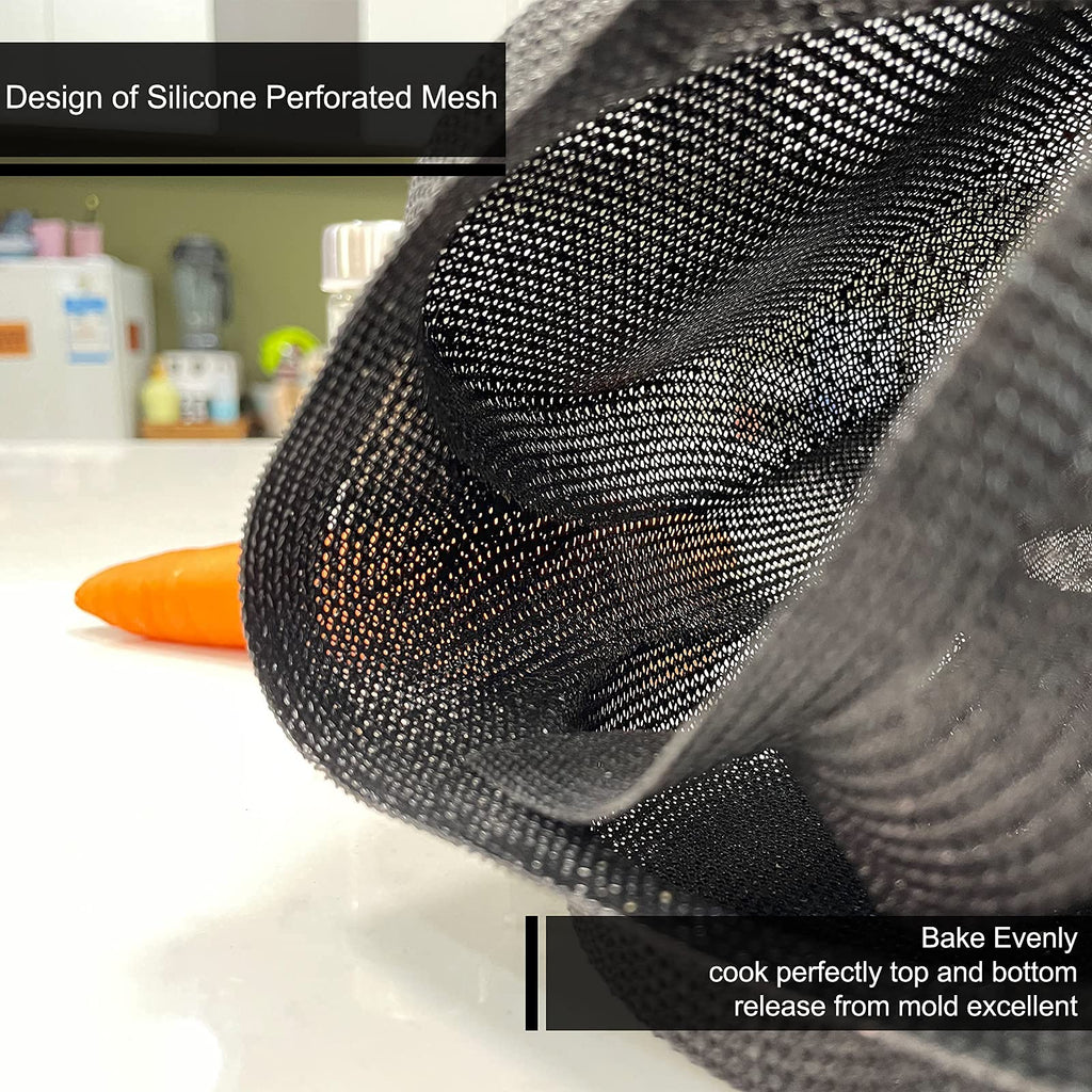 Close up of perforated silicone mesh bun pan showing breathable airflow design for even baking