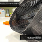 Close up of perforated silicone mesh bun pan showing breathable airflow design for even baking