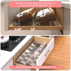 Adjustable spice drawer organizer showing minimum and maximum drawer size requirements