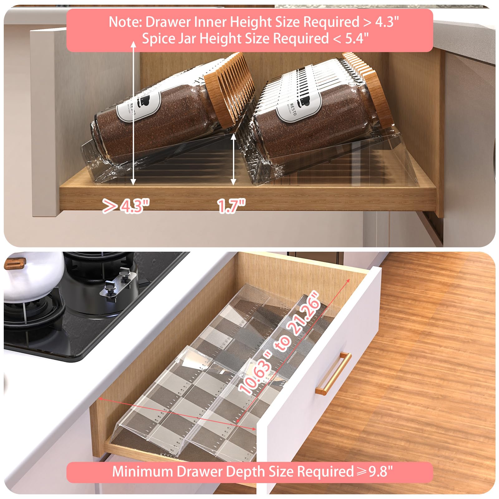 Adjustable spice drawer organizer showing minimum and maximum drawer size requirements