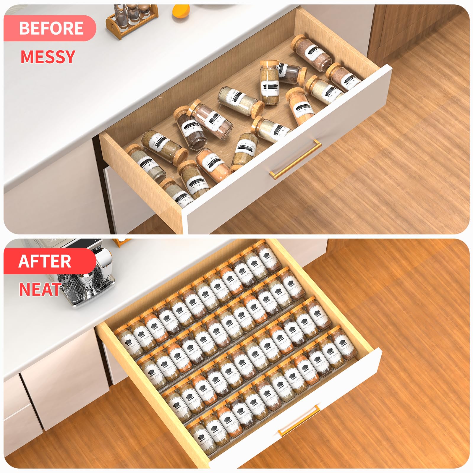 Before and after drawer storage comparison showing spice organizer reducing kitchen clutter