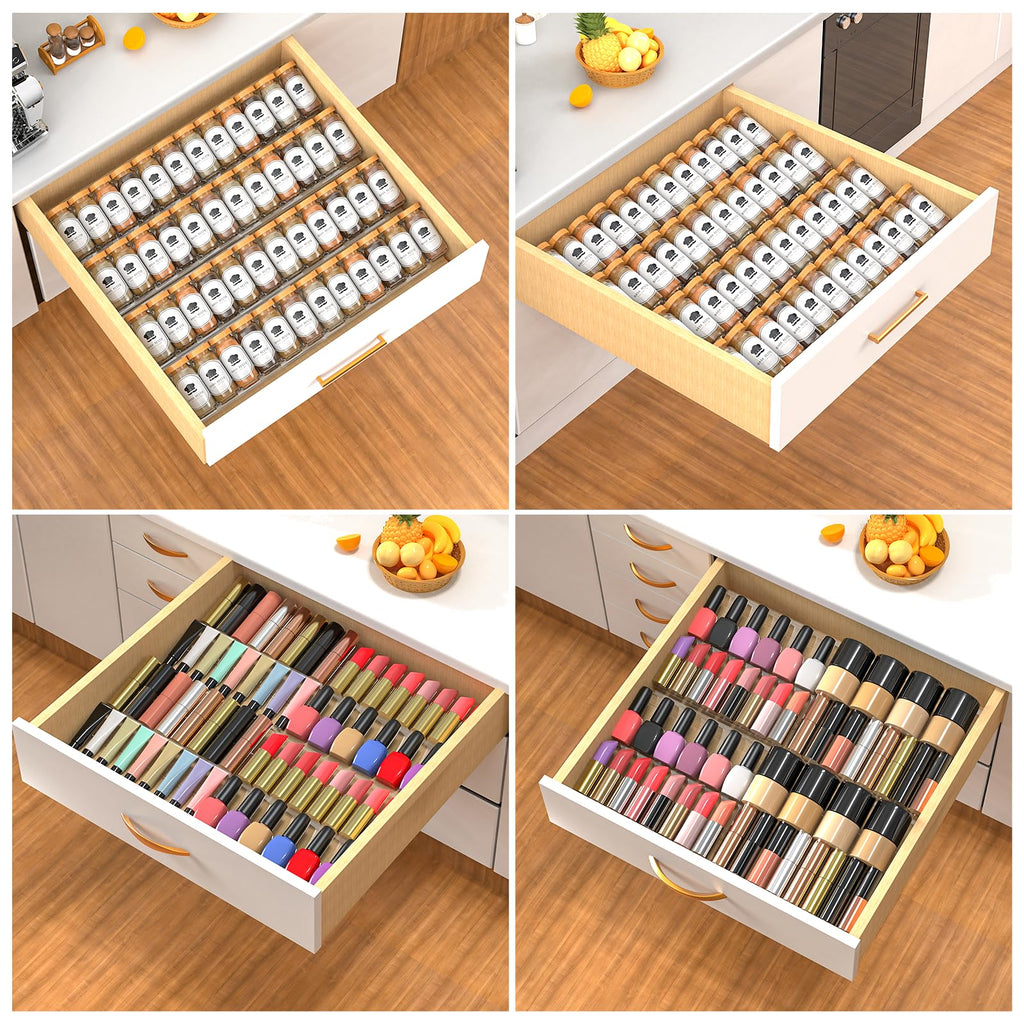 Acrylic drawer organizer trays for storing spices, cosmetics, utensils, and small kitchen items