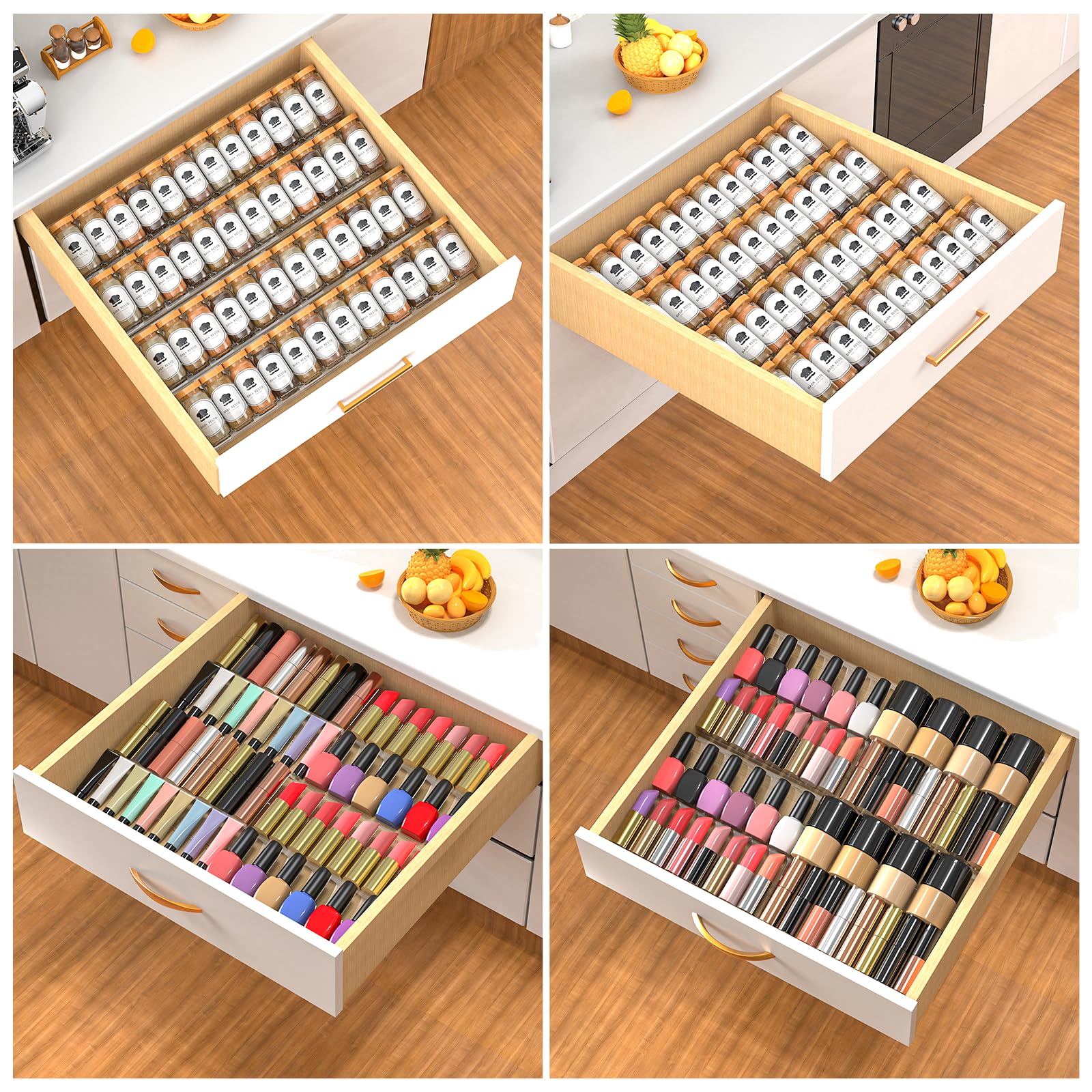 Acrylic drawer organizer trays for storing spices, cosmetics, utensils, and small kitchen items