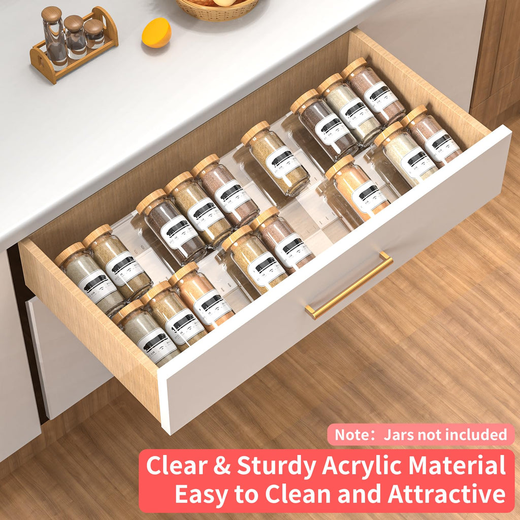 Clear acrylic spice rack insert for kitchen drawer with easy to clean tiered storage design