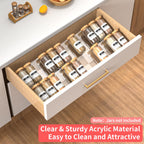 Clear acrylic spice rack insert for kitchen drawer with easy to clean tiered storage design