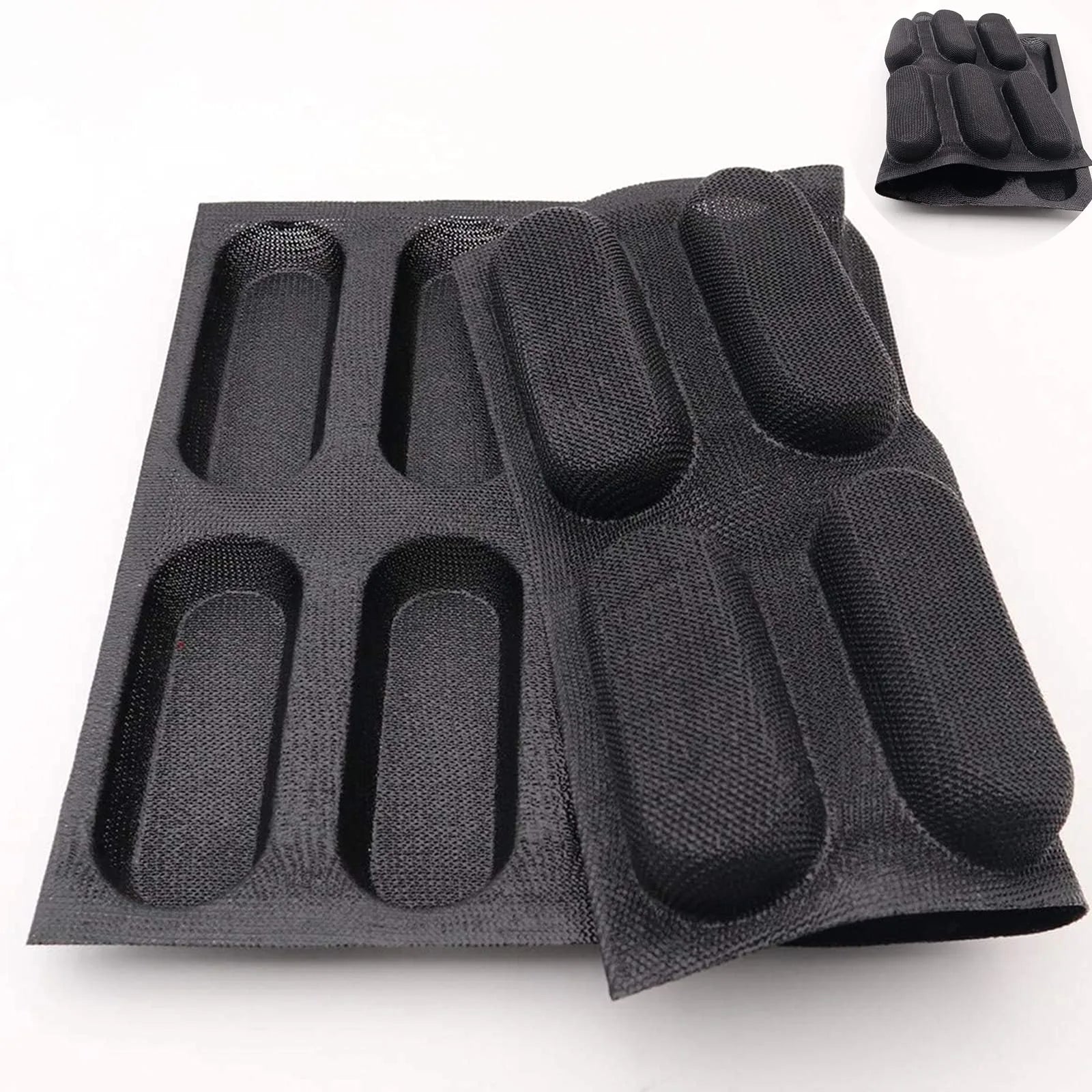 Flexible black silicone mini loaf pan with 12 cavities for easy bread release and storage